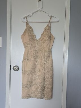 Windsor Champagne Beaded Lace Spaghetti Strap Mini Dress